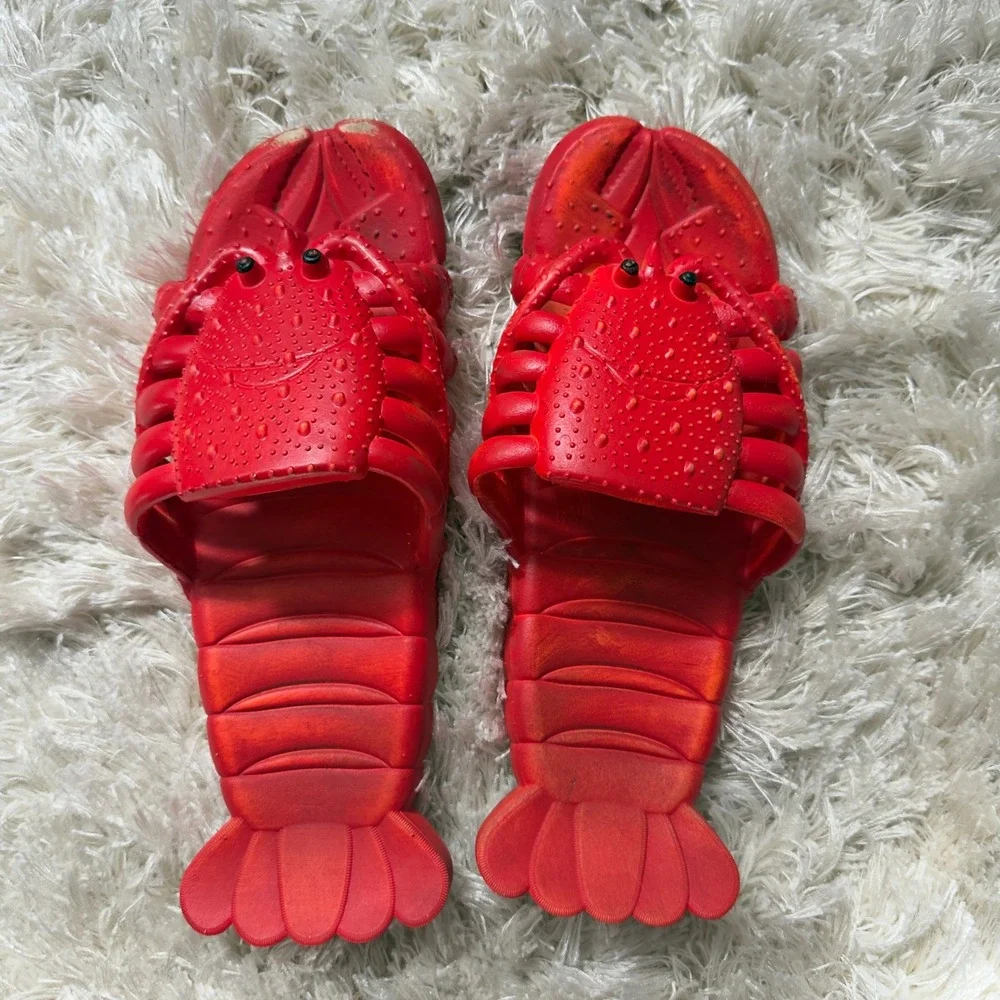 Vintage Lobster Slides Novelty Red Rubber Beach Sandals Mens 10 11 Made HongKong